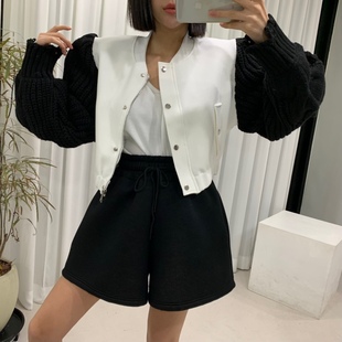 韩国东大门时尚清新简约女套装拼接针织，袖短外套+休闲短裤两件套