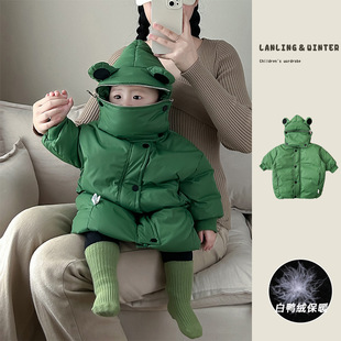 韩版新生婴儿过膝50白鸭绒(白鸭绒，)外套童绿色，青蛙羽绒服中长款外出保暖服
