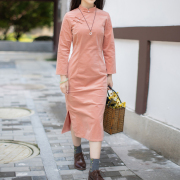 日常条绒纯色长旗袍秋款中式改良文艺，复古女装传统修身版型茶艺服