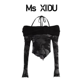 Ms XIDU 美式辣妹套装裙露肩印花长袖吊带上衣设计感半裙两件套秋