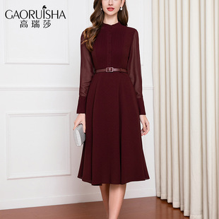 高瑞莎(高瑞莎)春季法式优雅气质连衣裙，女酒红色礼服长袖收腰显瘦通勤