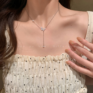 蝴蝶珍珠锆石流苏项链女款2023精致锁骨链轻奢小众设计感颈链
