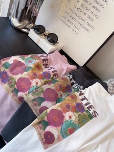 复古字母花朵晕染油画风格纯棉短袖T恤女 夏季宽松白色粉色体恤薄