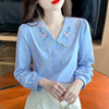娃娃领刺绣衬衫女蓝色2023年春季设计感小众绣花长袖纯棉衬衣
