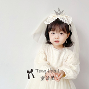 23年韩版复古蕾丝发箍头饰生日儿童披纱花童头纱拍照发饰