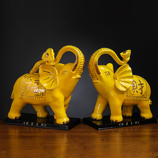 黄色陶瓷大象摆件，一对吸水大象摆件，装饰开业乔迁桌面
