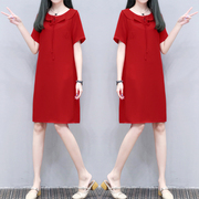 2023夏季女装时尚翻领大红色，裙子休闲中长款宽松显瘦连衣裙女