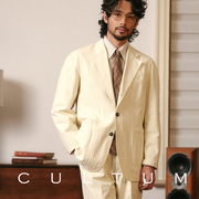 无结构CULTUM纯棉人字纹复古西装套装男英伦学院休闲西服夹克