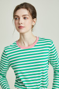 法式小众新增春款式拼色领口海军风经典条纹绿色上衣