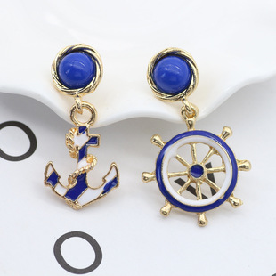 韩版流苏蓝白船锚船舵不对称耳钉 时尚创意个性海军风耳环耳饰女