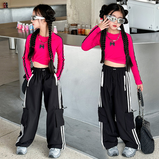 儿童爵士舞春装2024韩国网红童装运动街舞套装小女孩露肚脐走秀