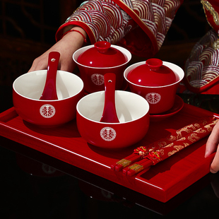 改口敬茶杯结婚套装一对盖碗筷红色喜庆喜碗陪嫁茶具婚礼敬酒杯子