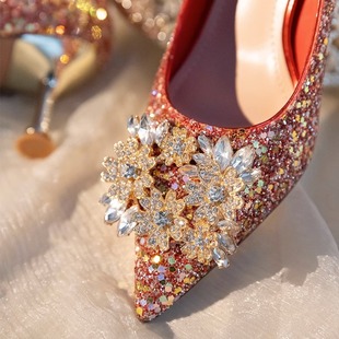 主婚鞋红色秀禾婚纱两穿2023年结婚新娘鞋子水晶法式高跟鞋女