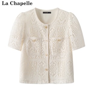 拉夏贝尔lachapelle夏季镂空蕾丝开衫短袖，圆领小衫女式上衣