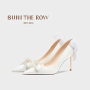 suni法式蝴蝶结白色绝美高跟鞋，夏季婚鞋女细跟缎面，主婚纱新娘鞋