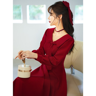 敬酒服新娘平时可穿秋季日常红色订婚连衣裙回门小个子礼服裙长袖