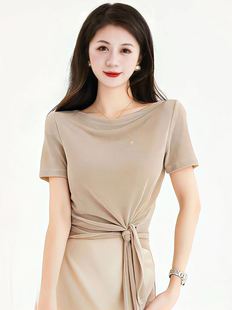 时尚气质一字领短袖t恤女夏季韩系不规则，设计感系带修身显瘦上衣