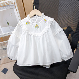 女童泡泡袖衬衫2024春款韩版儿童白色长袖，娃娃衫宝宝百搭公主上衣