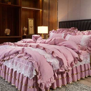 床上用品四件套韩式床裙4件套夹棉加厚床罩套件，蕾丝床套花边被套