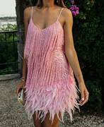 欧美时尚流苏亮片，羽毛拼接礼服粉色吊带，连衣裙pinktasseldress