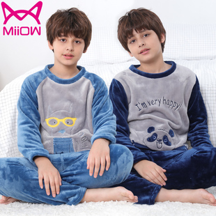 猫人男童法兰绒睡衣套装大童珊瑚绒冬季男孩加绒加厚儿童家居服