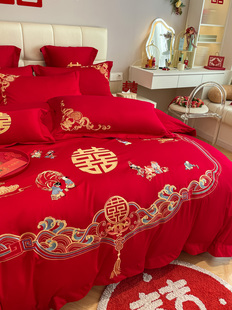 高档中式纯棉结婚四件套红色，百子图刺绣被套，全棉婚庆床上用品婚房