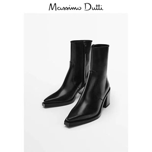 massimoduti女鞋2024秋冬季黑色尖头方形鞋跟粗高跟真皮短靴