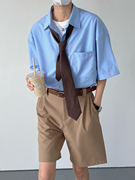 sf夏新韩风复古垂感短袖衬衫男士宽松版时髦纯色休闲五分袖衬衣