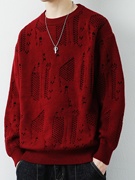 红色毛衣男个性几何提花针织衫潮牌圆领秋冬季加厚款保暖打底线衫