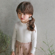 2022韩版女童装T恤衫儿童春季蕾丝花边小立领条纹公主打底衫