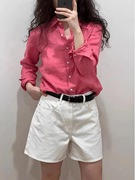 玫红色棉麻长袖衬衫外套女春季2024韩版设计感亚麻衬衣显瘦上衣