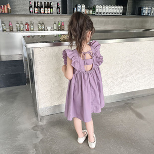 2024夏装3-8岁女童紫色，花边飞袖连衣裙纯棉布无袖裙子