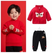 儿童过年衣服兔年拜年服中国风大红色毛衣外套唐装裤子一体绒加绒