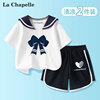拉夏贝尔女童学院风套装，2024时髦洋气，海军领短袖t恤女大童装