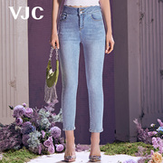 VJC/威杰思春夏女装高腰牛仔裤修身显瘦时髦烫钻小脚裤