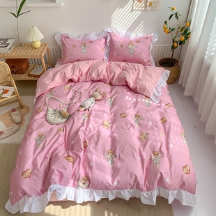 浪漫紫色少女心大荷叶边床上四件套兔子糖果纯棉全棉贡缎床上用品