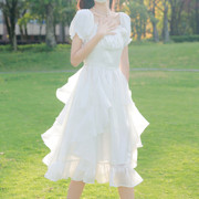 流光茉莉花崎鹿设计感收腰仙女裙，连衣裙长裙夏季新立体(新立体)花朵白色