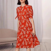 欧代DVF夏季 真丝红色蝴蝶结图案短袖显气色系带领连衣裙