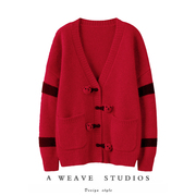 上身敲好看!大红色羊绒衫女秋冬季小熊纯羊绒针织开衫毛衣外套