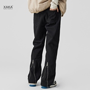 XAKA美式高街微喇牛仔裤男复古黑色拉链垂感长裤子百搭宽松直筒裤