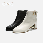 GNC白色靴子高跟2023冬百搭粗跟圆头法式短靴羊皮名媛时装靴