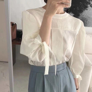 夏季甜酷气质条纹领口，韩国东大门袖口系带设计感显白小清新衬衫女