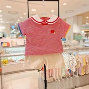 韩国童装夏男女童宝纯棉，红条纹可拆卸领短袖t恤短裤套装
