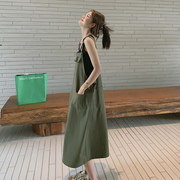 2024夏季韩版学院风军绿色工装背带长裙宽松显瘦休闲减龄连衣裙女