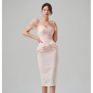 韩国轻奢法式小礼服，裙仙气荷叶边高腰，拼雪纺纱性感优雅连衣裙