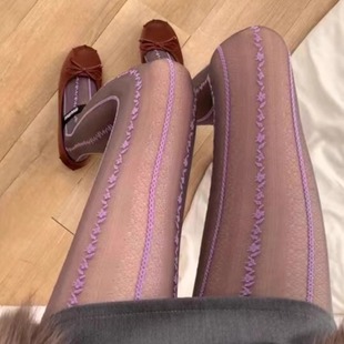 灰紫色连裤袜女性感千禧辣妹黑丝薄款防勾丝竖条花朵提花白色丝袜