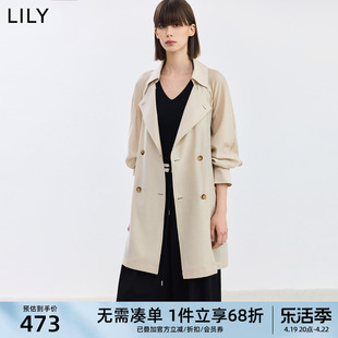 lily2024夏女装(夏女装)英伦，风含醋酸通勤复古双排扣腰带长款风衣外套