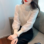 半高领针织衫女春装2024韩版蕾丝拼接长袖洋气，内搭打底衫上衣