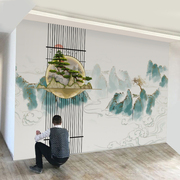 现代新中式壁画绿色抽象山水，墙纸背景墙布，松树客厅卧室书房3d壁纸