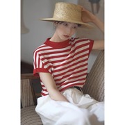 红白条纹针织短袖t恤女夏季薄款法式海魂衫，撞色正肩独特别致上衣